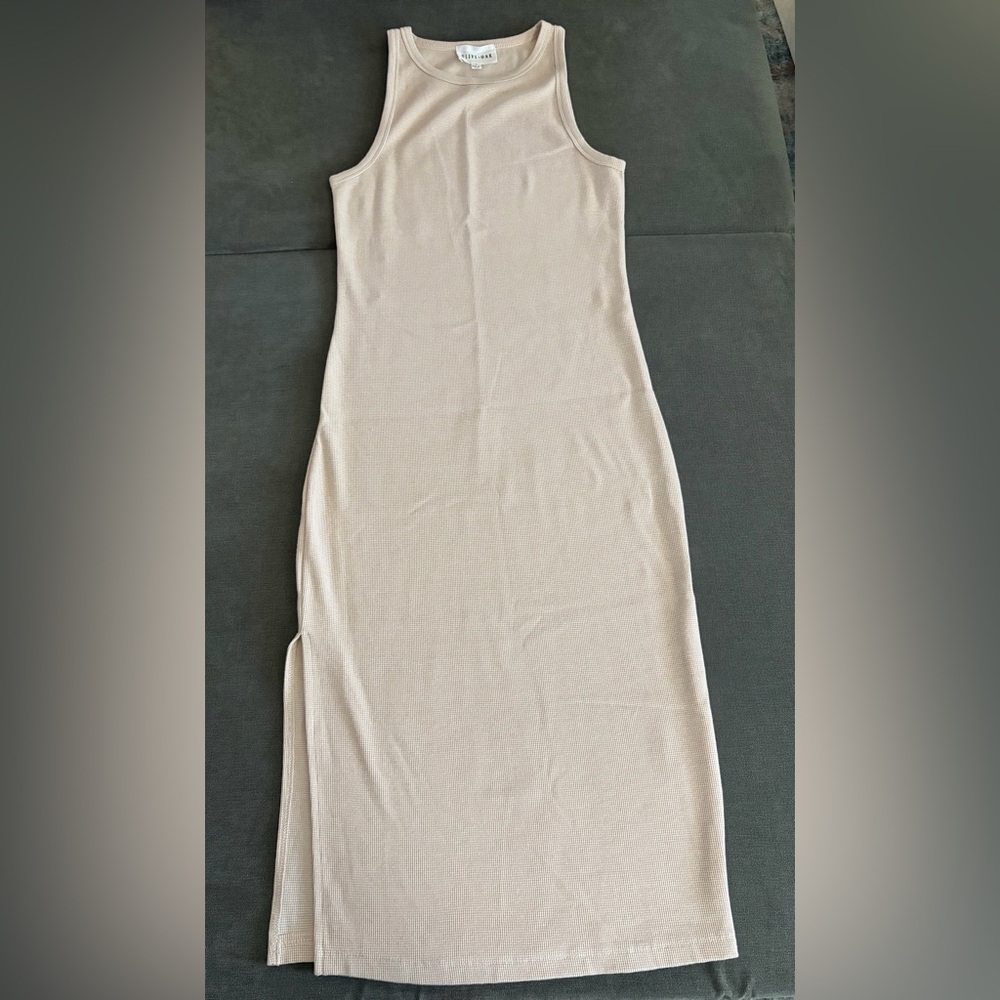Beige Ribbed Tank Midi Dress Medium Bodycon Side Slit Minimalist